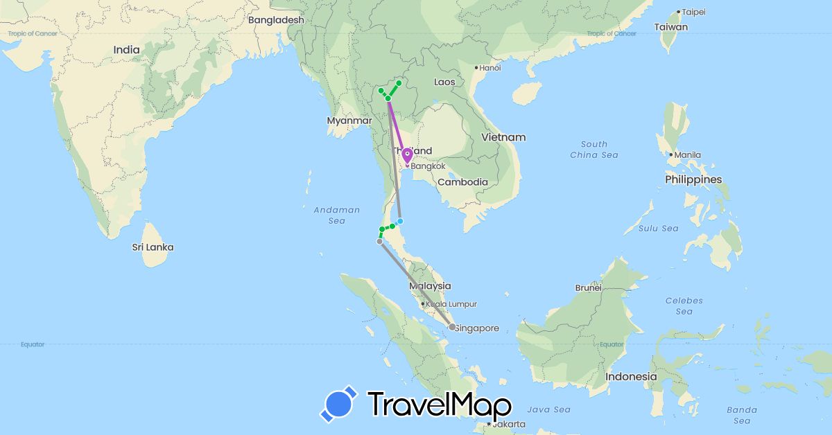 TravelMap itinerary: bus, plane, train, boat in Singapore, Thailand (Asia)