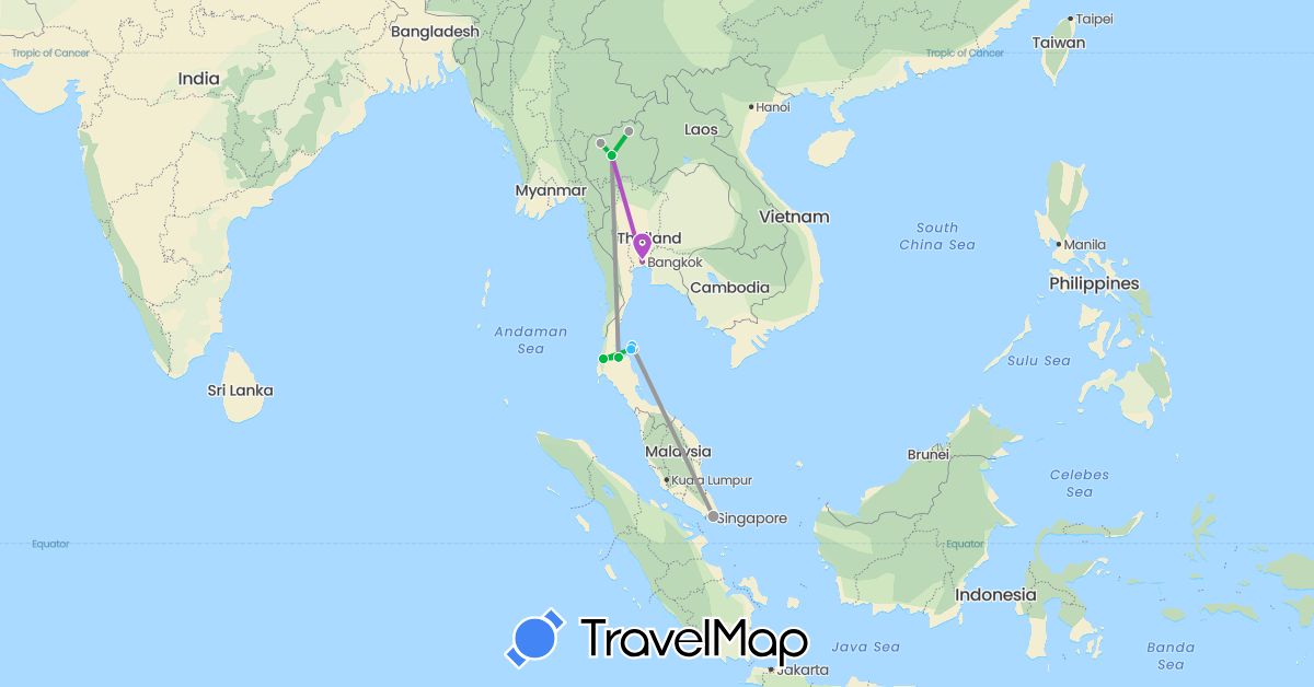 TravelMap itinerary: driving, bus, plane, train, boat in Singapore, Thailand (Asia)